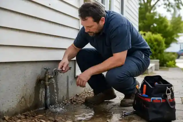 Plumber checking an outdoor shutoff valve leaking near a home exterior